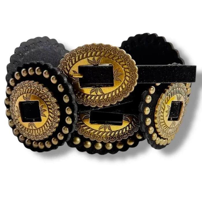 Black Western Leather Concho Skinny Belt antique gold oval conchos studded with single pin buckle closure, one size 25 to 33"