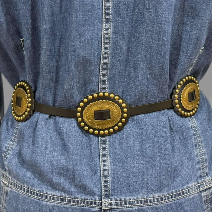 Black Western Leather Concho Skinny Belt antique gold oval conchos studded with single pin buckle closure, one size 25 to 33"