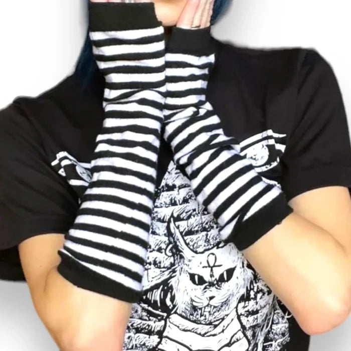 Black White Striped Long Arm Warmers Punk Gothic Arm Covers