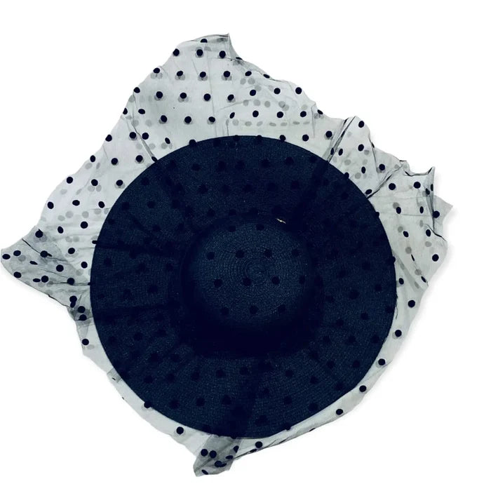 Black wide brim straw sun hat with sheer polka dot mesh overlay, gothic and punk summer fashion.