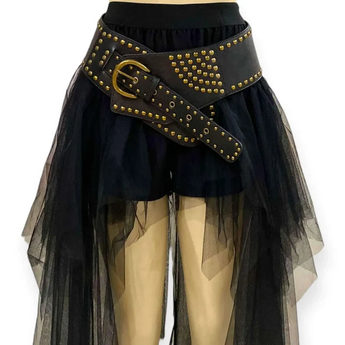 black wide studded belt with asymmetrical wrap design, grommets and cutouts, single pin buckle closure, faux leather statement belt