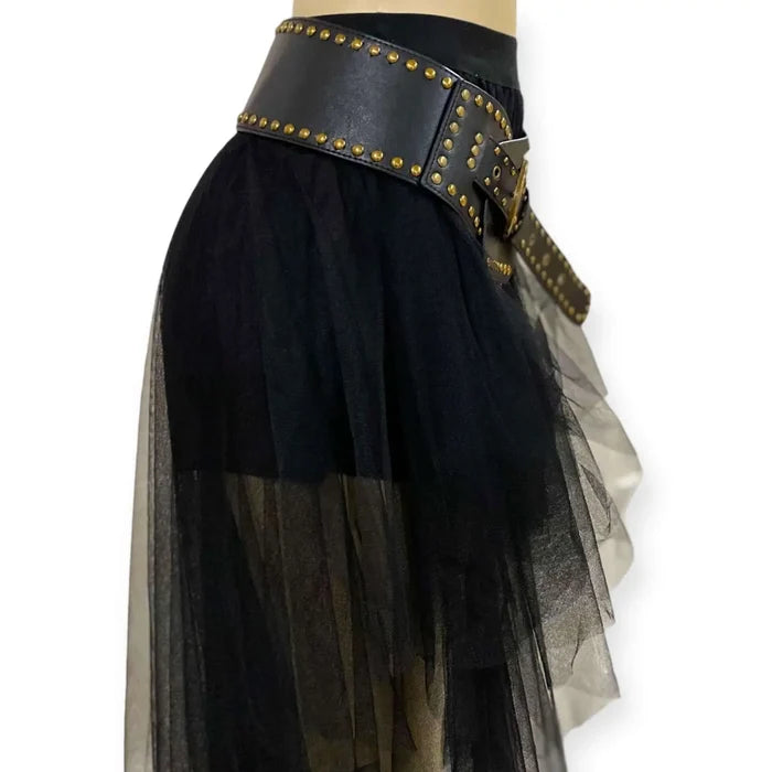black wide studded belt with asymmetrical wrap design, grommets and cutouts, single pin buckle closure, faux leather statement belt