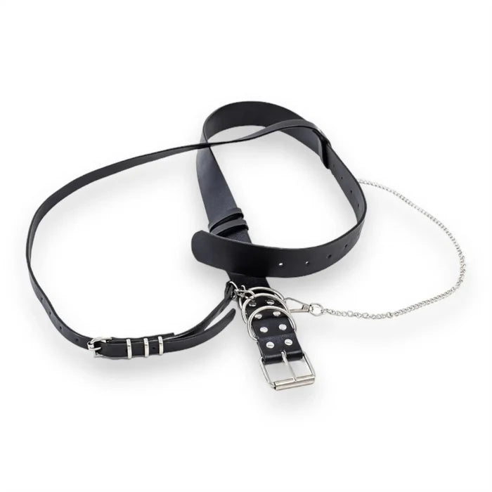 Black Wide Waist Chest Harness Belt Silver D Rings Adjustable Silver Belt Chain