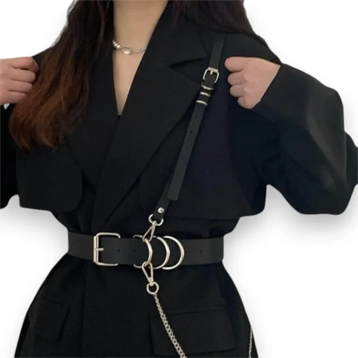 Black Wide Waist Chest Harness Belt Silver D Rings Adjustable Silver Belt Chain