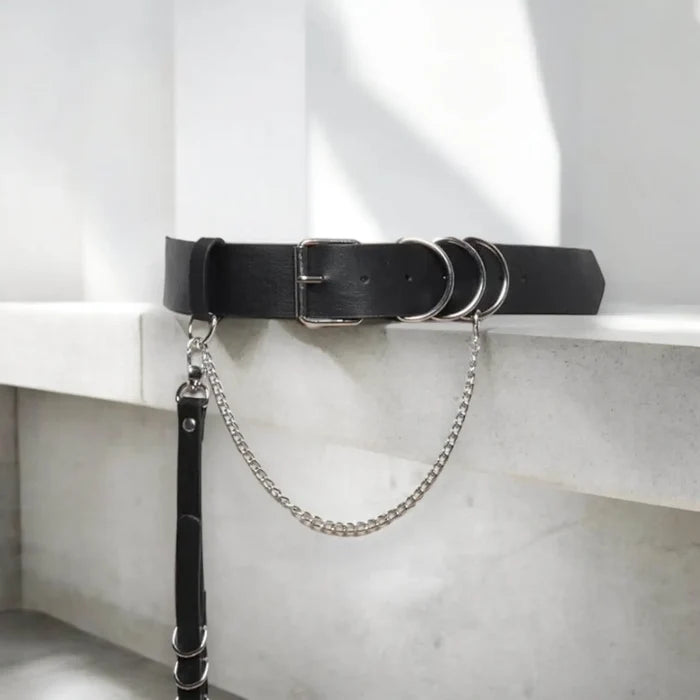 Black Wide Waist Chest Harness Belt Silver D Rings Adjustable Silver Belt Chain