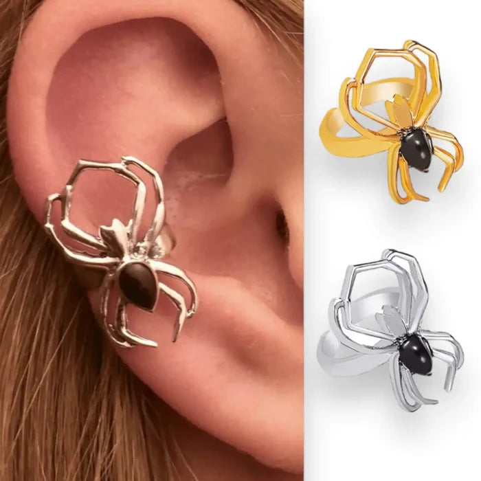 Black Widow Spider Ear Cuff in gold or silver tone with black body, adjustable non-pierced ear jewelry.