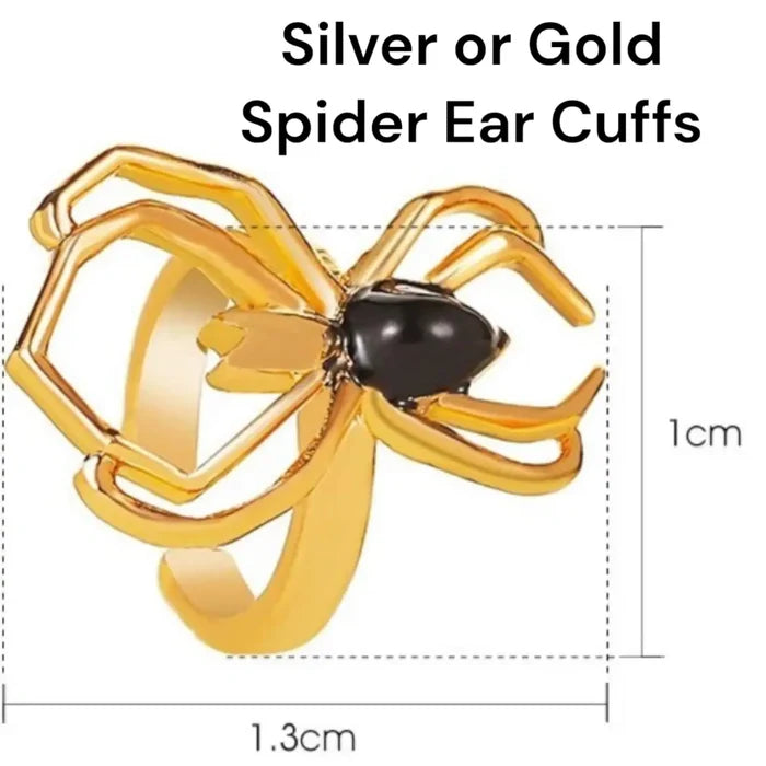 Black Widow Spider Ear Cuff in gold or silver tone with black body, adjustable non-pierced ear jewelry.