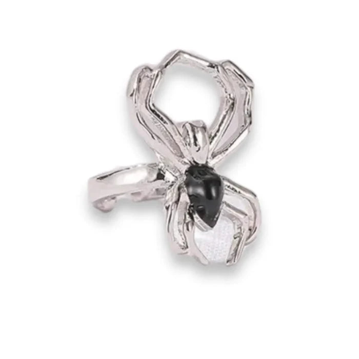 Black Widow Spider Ear Cuff in gold or silver tone with black body, adjustable non-pierced ear jewelry.