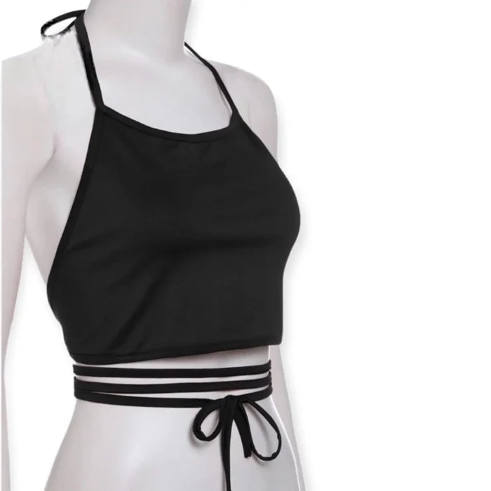 Black Wrap Around Halter Crop Top with backless design, adjustable neck ties, and long waist wrap straps