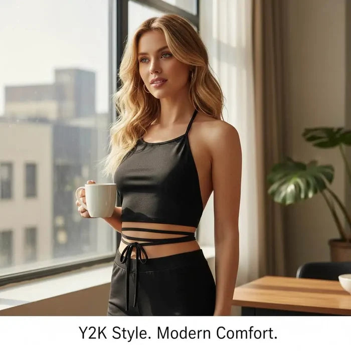 Black Wrap Around Halter Crop Top with backless design, adjustable neck ties, and long waist wrap straps
