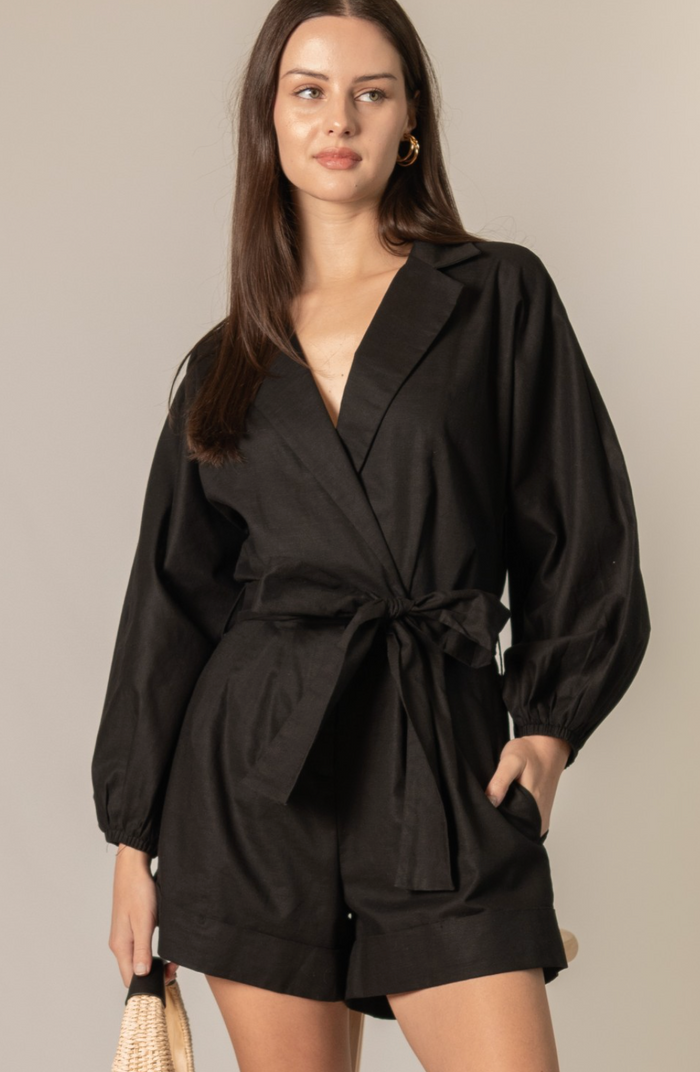 Black Wrap Style Long Sleeve Romper