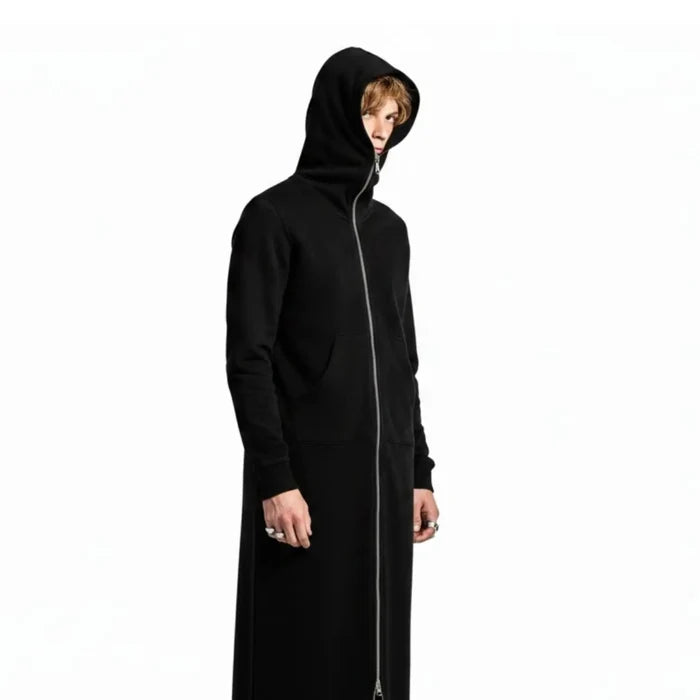 Black Zip Up Face Hooded Long Jacket with full-face zipper hood, oversized fit and long high-low streetwear silhouette