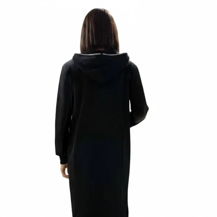 Black Zip Up Face Hooded Long Jacket with full-face zipper hood, oversized fit and long high-low streetwear silhouette