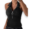 Black zip up halter tank top with fold-down collar, silver o-ring zipper, ribbed knit fabric, and sleeveless A-line silhouette for edgy year-round wear.