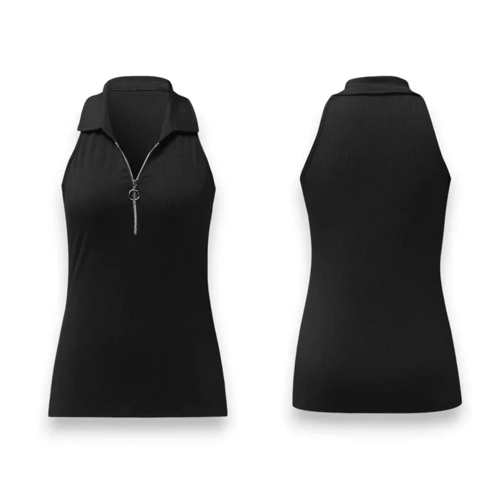 Black zip up halter tank top with fold-down collar, silver o-ring zipper, ribbed knit fabric, and sleeveless A-line silhouette for edgy year-round wear.Black Zip Up Halter Tank Top