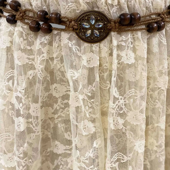 Vintage Boho Blue Beaded Braided Belt blue crystal brass round medallions, wood beads, and adjustable fringe tie square medallions