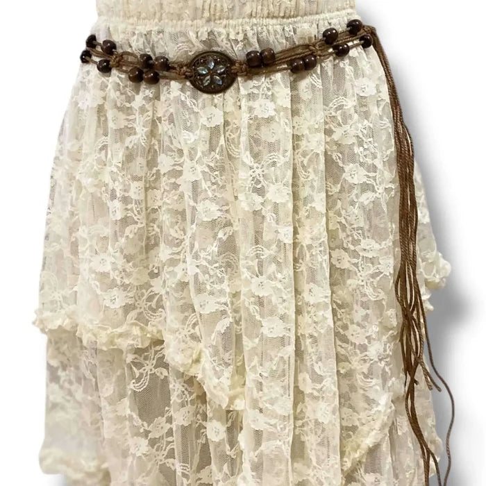 Vintage boho braided belt with blue crystal brass medallions, wood beads, and adjustable fringe tie – round medallion links