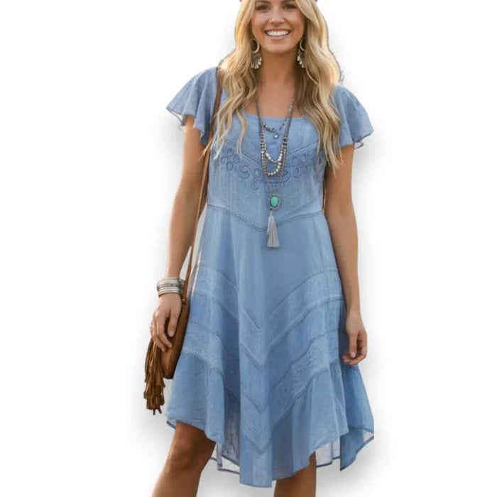 Women's Blue Embroidered Short Sleeve Mini Dress with sweetheart neckline and boho festival style large