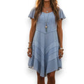 Women's Blue Embroidered Short Sleeve Mini Dress with sweetheart neckline and boho festival style large