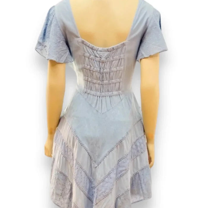 Women's Blue Embroidered Short Sleeve Mini Dress with sweetheart neckline and boho festival style large