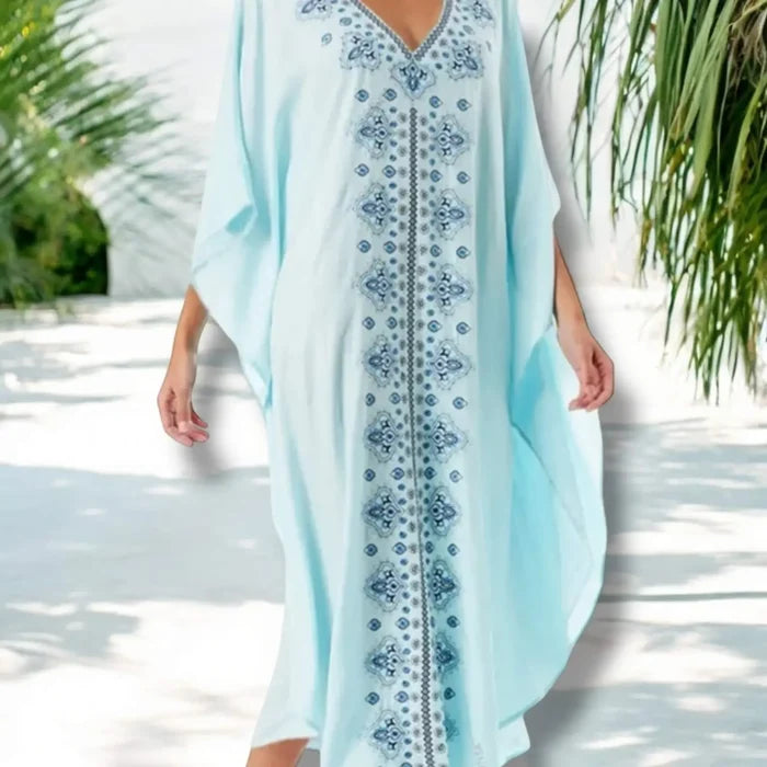 Blue Embroidery Kaftan Beach Cover-Up Dress with V-neckline, dark blue embroidery, side splits, and relaxed fit reg to plus size