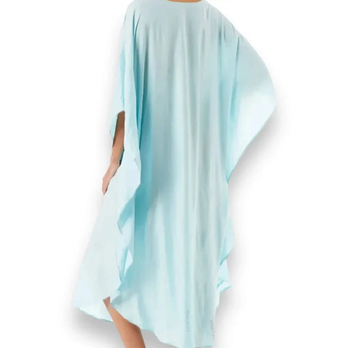 Blue Embroidery Kaftan Beach Cover-Up Dress with V-neckline, dark blue embroidery, side splits, and relaxed fit reg to plus size backside
