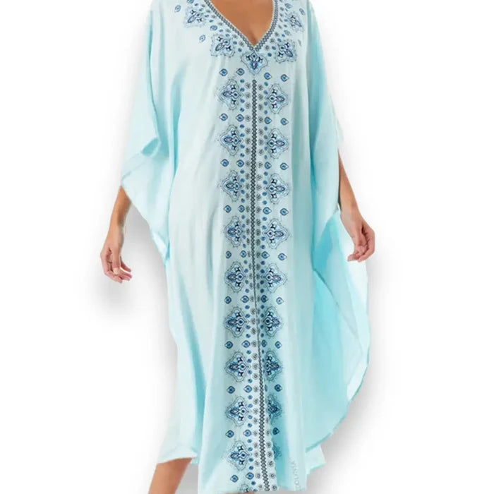 Blue Embroidery Kaftan Beach Cover-Up Dress with V-neckline, dark blue embroidery, side splits, and relaxed fit reg to plus size front