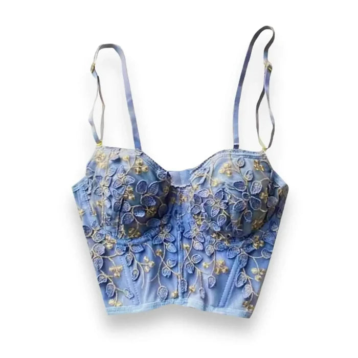 flat lay of the Blue Floral Gold Bralette Corset Crop Top