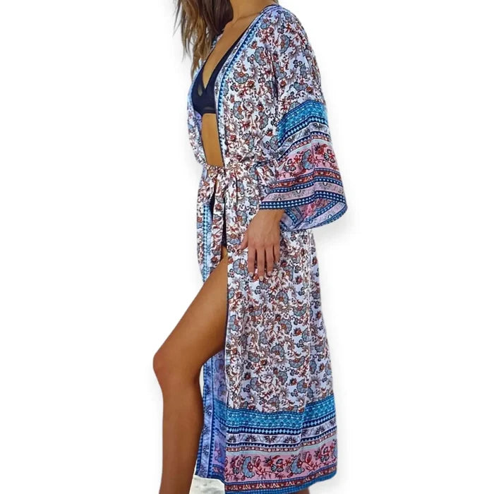 Blue Floral Long Kimono Beach Cover Up  paisley print and adjustable waist sash, shown styled as a long robe for beach cover-up medium to plus size style
