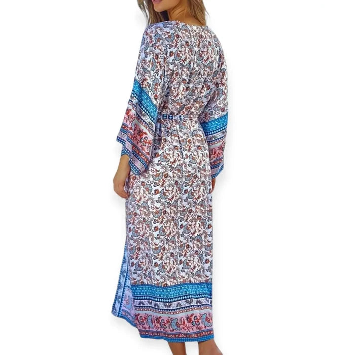 Blue Floral Long Kimono Beach Cover Up  paisley print and adjustable waist sash, shown styled as a long robe for beach cover-up medium to plus size style