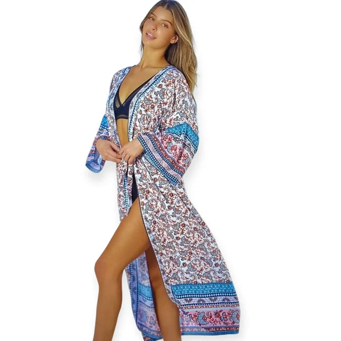 Blue Floral Long Kimono Beach Cover Up  paisley print and adjustable waist sash, shown styled as a long robe for beach cover-up medium to plus size style