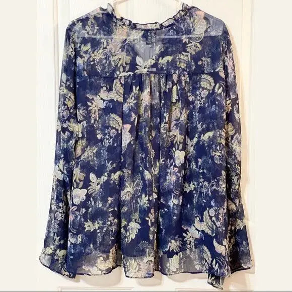 Blue floral v neck long sleeve plus size blouse with ruffle collar and tassel tie in boho multicolor print