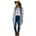 blue fuzzy long hooded vest open front mid length sleeveless faux fur knit women’s cozy outerwear layer
