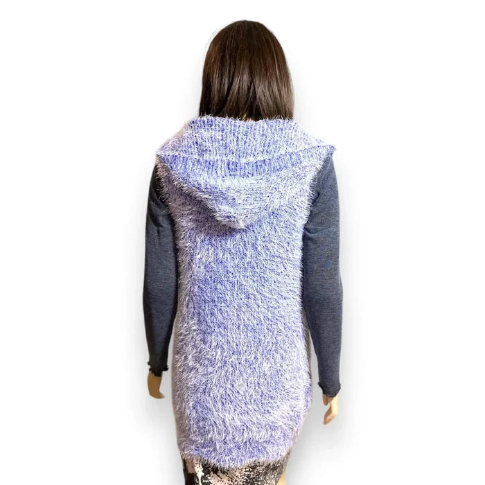 blue fuzzy long hooded vest open front mid length sleeveless faux fur knit women’s cozy outerwear layer