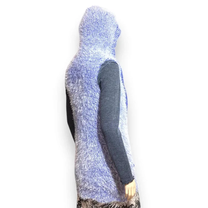 blue fuzzy long hooded vest open front mid length sleeveless faux fur knit women’s cozy outerwear layer