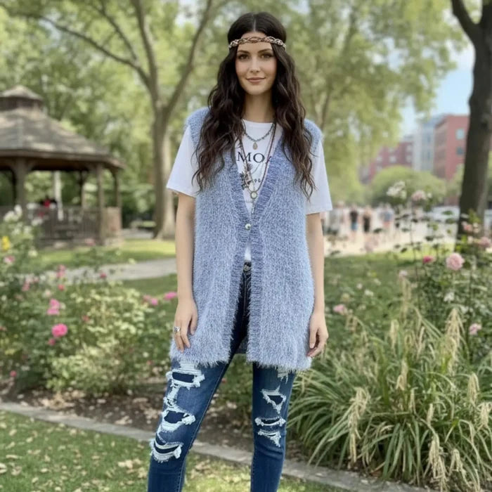 blue fuzzy long hooded vest open front mid length sleeveless faux fur knit women’s cozy outerwear layer
