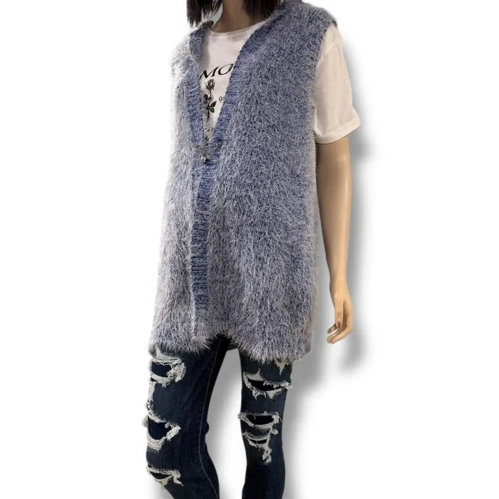 blue fuzzy long hooded vest open front mid length sleeveless faux fur knit women’s cozy outerwear layer
