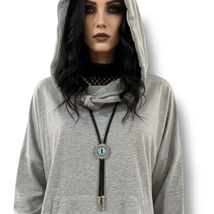 ICE Blue Gaze Eye Necktie Western Gothic Bolo Tie silver starburst large predator eye  black cord, antique-style tips unisex