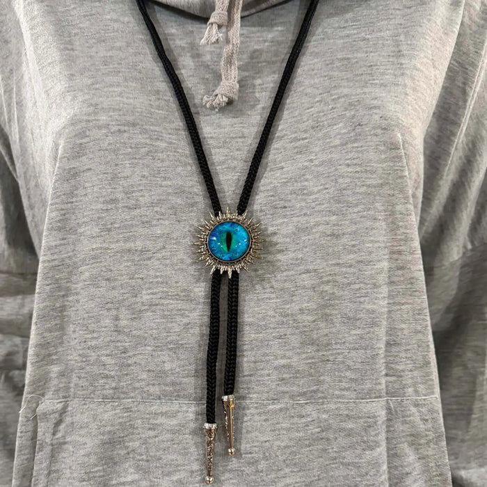 Blue Gaze Eye Necktie Western Gothic Bolo Tie silver starburst large predator eye  black cord, antique-style tips unisex