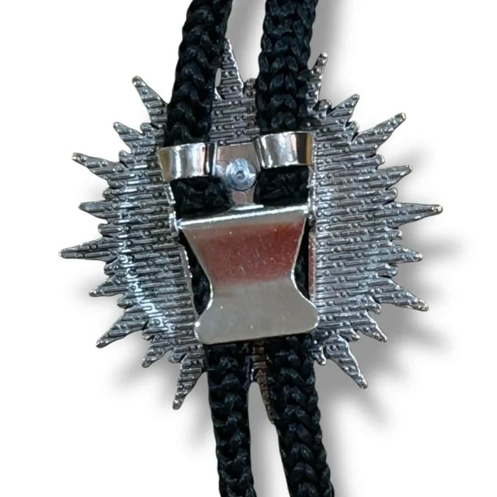 Blue Gaze Eye Necktie Western Gothic Bolo Tie silver starburst large predator eye  black cord, antique-style tips  backside unisex