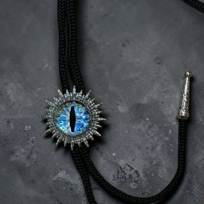 ICE Blue Gaze Eye Necktie Western Gothic Bolo Tie silver starburst large predator eye  black cord, antique-style tips unisex