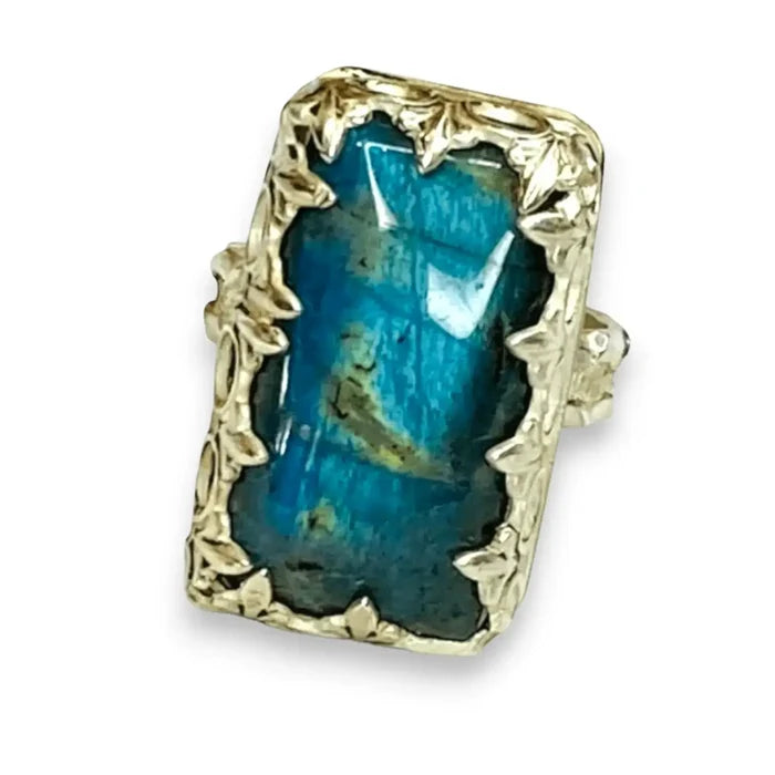 Women's Blue Labradorite Sterling Silver Ring with wide lace band and boho western style / ring size 6