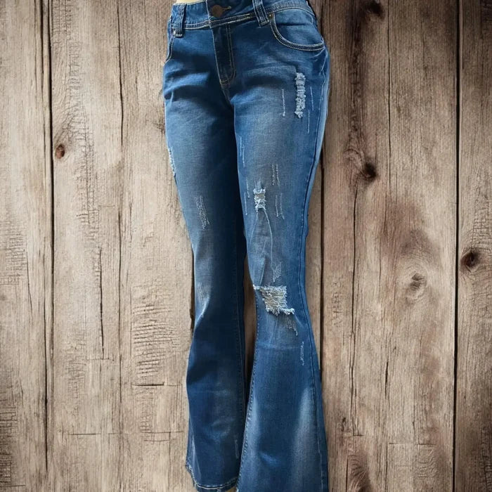 Blue Mid Rise Distressed Bootcut Jeans