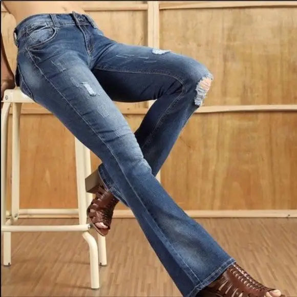 Blue Mid Rise Distressed Bootcut Jeans