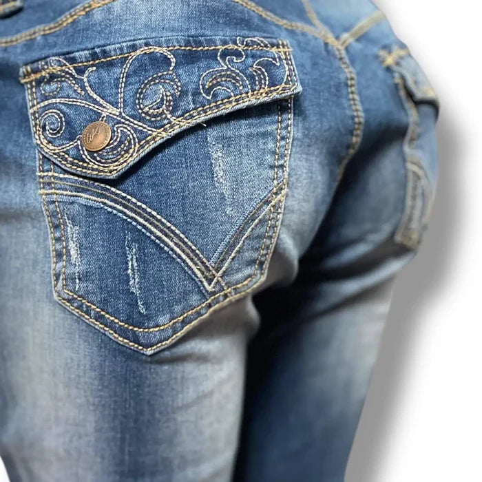 Blue Mid Rise Distressed Bootcut Jeans