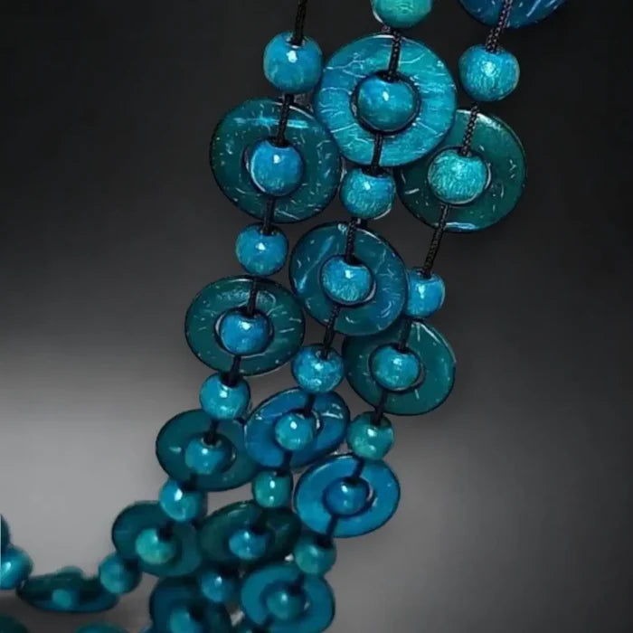 blue multi strand wood statement necklace with turquoise round and disc beads boho western layered statement jewelry