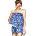 blue shell print shorts romper with tassel overlay, front view