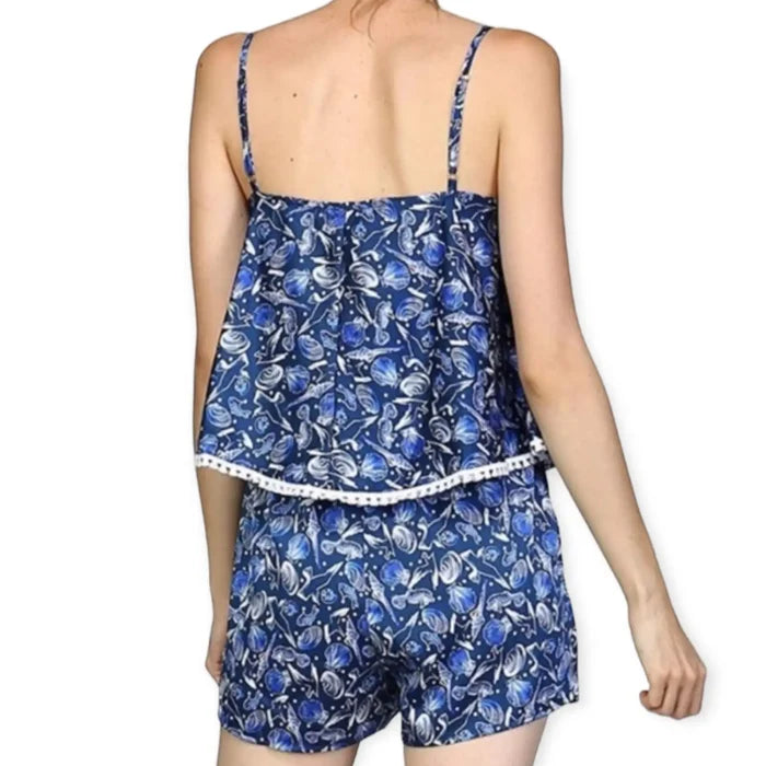 blue shell print shorts romper with tassel overlay, back view