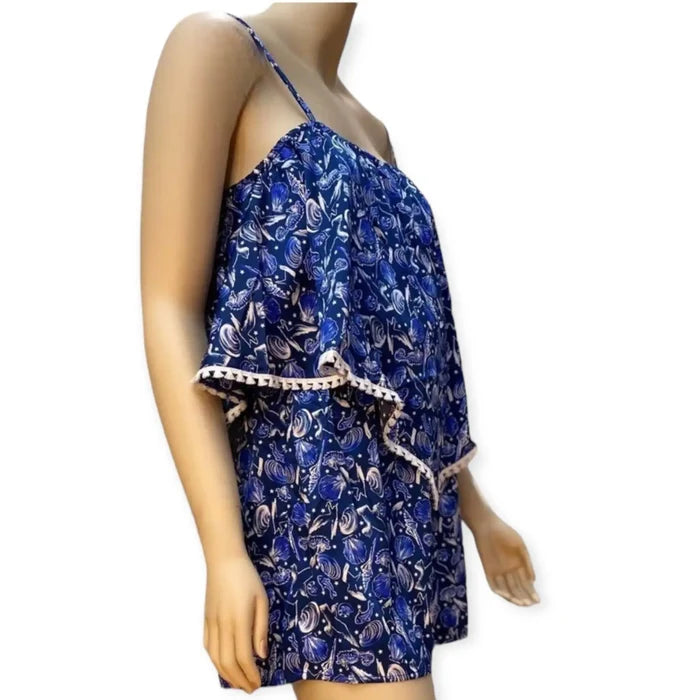 blue shell print shorts romper with tassel overlay, side view
