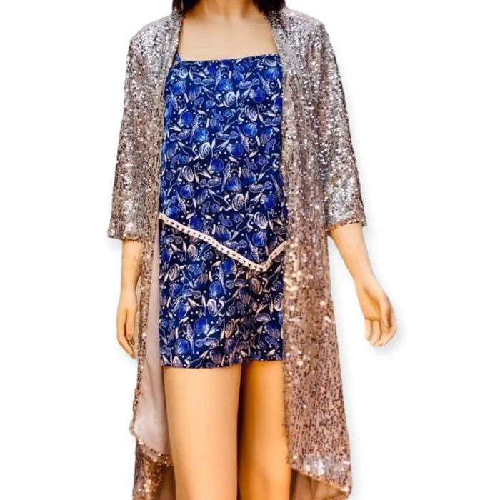 blue shell print shorts romper with tassel overlay, silver kimono cardigan